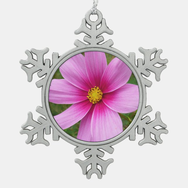 Rosa Kosmos Blume Wildblume Schneeflocken Zinn-Ornament (Vorderseite)