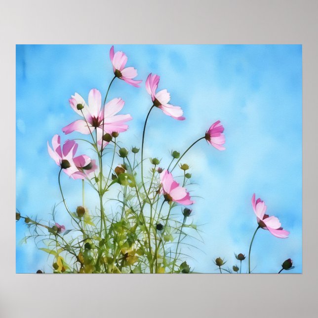 Rosa Kosmos-Blumen Florale Kunst Poster (Vorne)