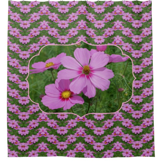 Rosa Kosmos-Blumen-Natur-Kunstmuster Duschvorhang (Vorderseite)