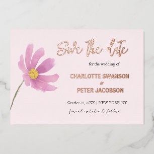Rosa Kosmos Wasserfarben Blume Save the Date Folieneinladung