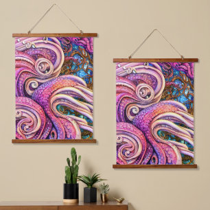 Rosa Kraken Tentakeln Octopus Wandteppich Mit Holzrahmen