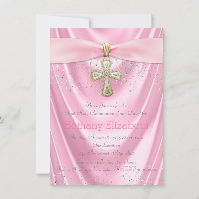 Rosa Kreuz Erste Kommune Rosa Satin Einladung (Vorderseite)