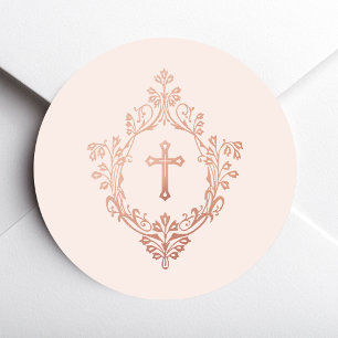 Rosa Kreuz im Wappen Roségold Vintage Elegant Runder Aufkleber