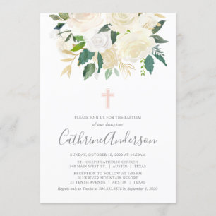 Rosa Kreuz mit Creme Florals, Taufe für Mädchen Einladung