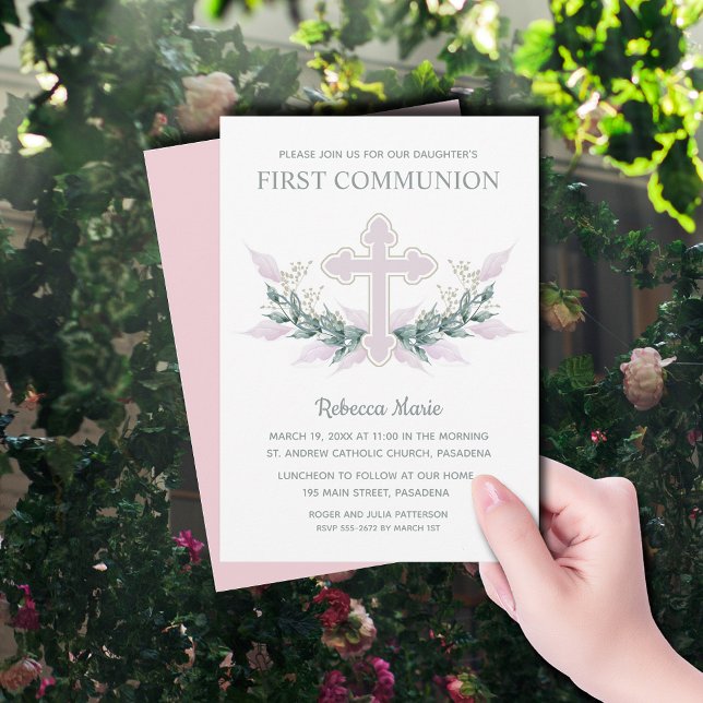 Rosa Kreuz und Blätter Erste Kommunion Einladung (Pink Cross and Leaves First Communion Invitations)