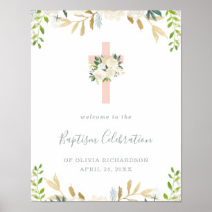 Rosa Kreuz und weiße Blume   Begrüßung der Taufe Poster