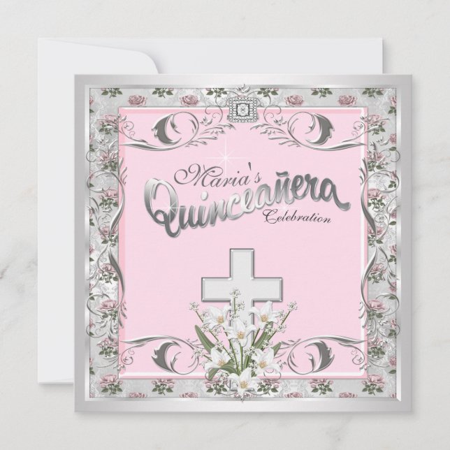 Rosa Kreuzquinceanera Einladung (Vorderseite)