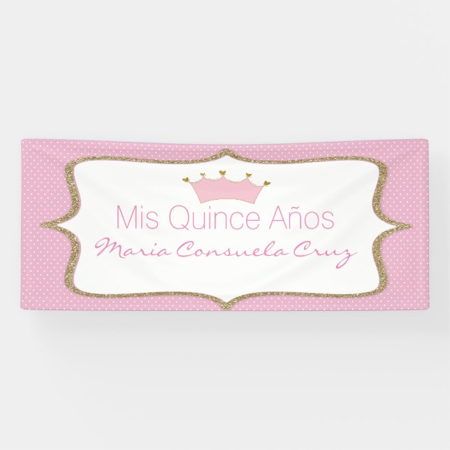 Rosa Krone und Tupfen Quinceanera Fahne Banner (Horizontal)