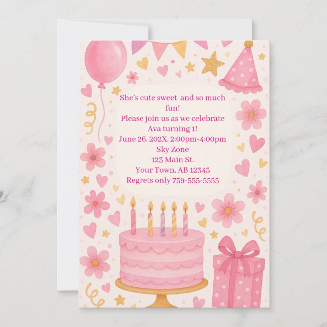 Rosa Kuchen, Geschenke, Balloons, Hüttenmädchen Ge Einladung (Vorderseite)