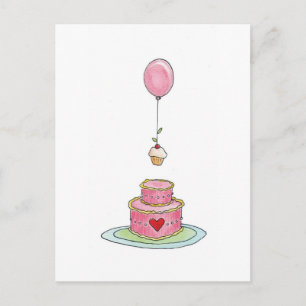 Rosa Kuchen mit Ballon und Cupcake Postkarte