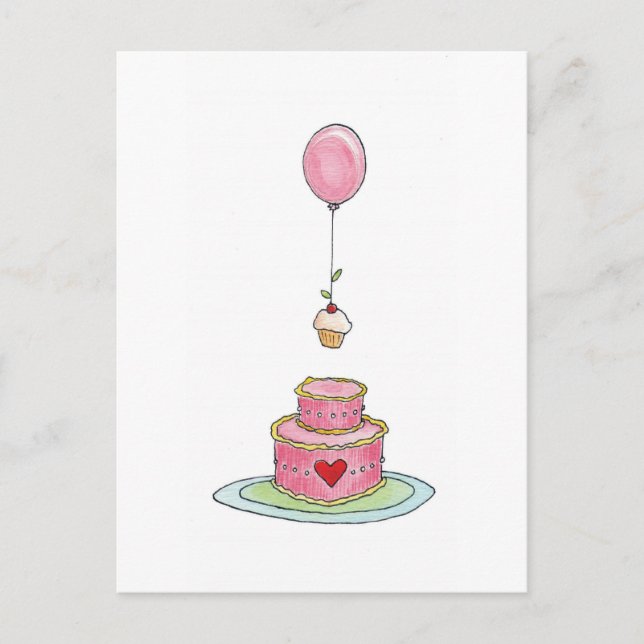 Rosa Kuchen mit Ballon und Cupcake Postkarte (Vorderseite)
