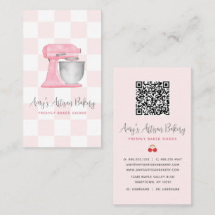Rosa Küchenmixer mit kariertem QR-Code für die Bäc Visitenkarte