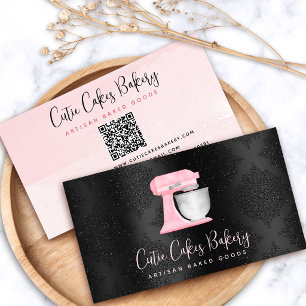 Rosa Küchenmixer QR-Code auf schwarzer Bäckerei Visitenkarte