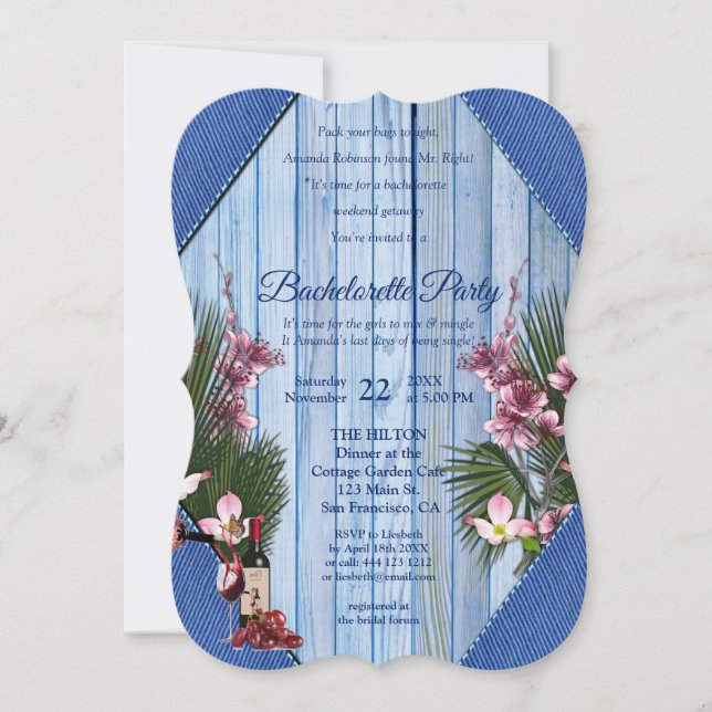 Rosa Künstlerische Blume Blauholz Textur Bachelore Einladung (Vorderseite)