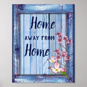 Rosa künstlerische Blumen auf Blau-Holz-Textur Poster