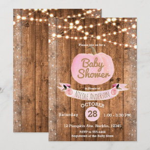 Rosa Kürbis Herbst Rustikale Holz Lichter Baby Sho Einladung