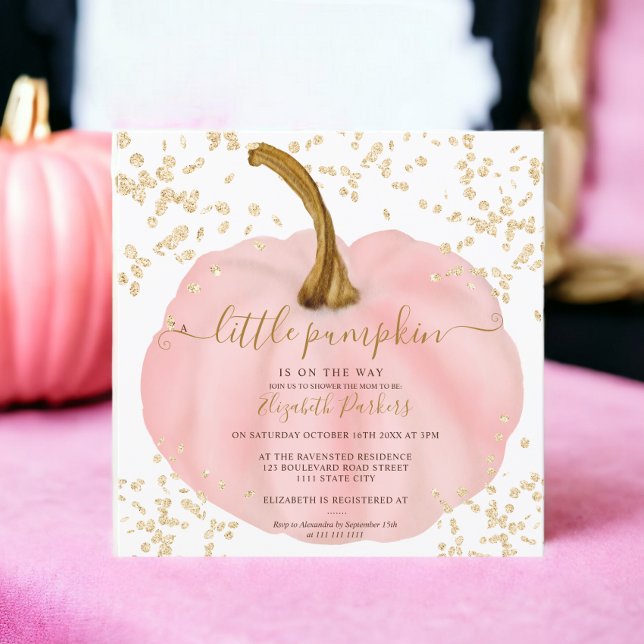 Rosa Kürbiskuppeldusche aus Gold Glitzer Einladung (Gold glitter pink pumpkin watercolor baby shower invitation)