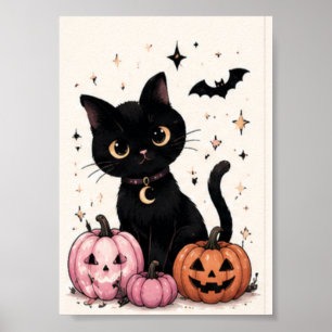 Rosa Kürbismond-Halsband Schwarze Katze Poster