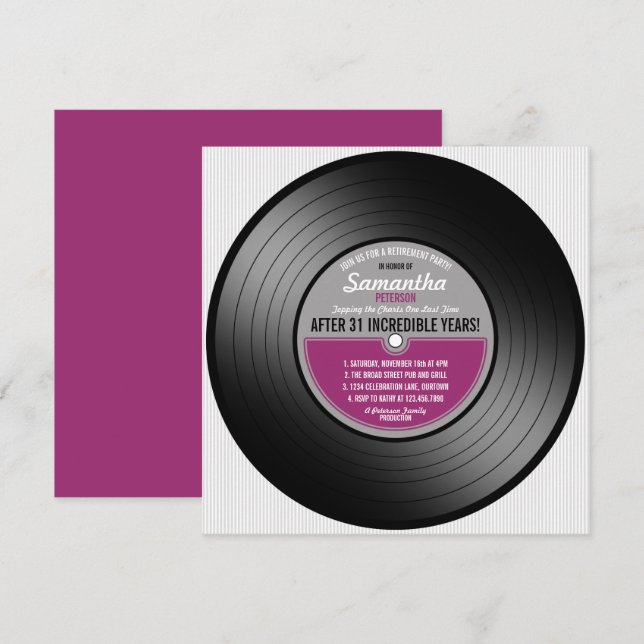 Rosa Label Vinyl Record Retirement Party Einladung (Vorne/Hinten)