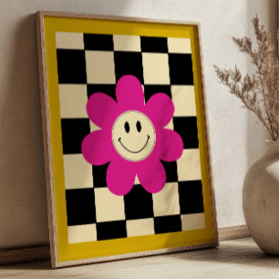 Rosa lächelnde Gänseblume auf Schwarz-Weiß kariert Poster