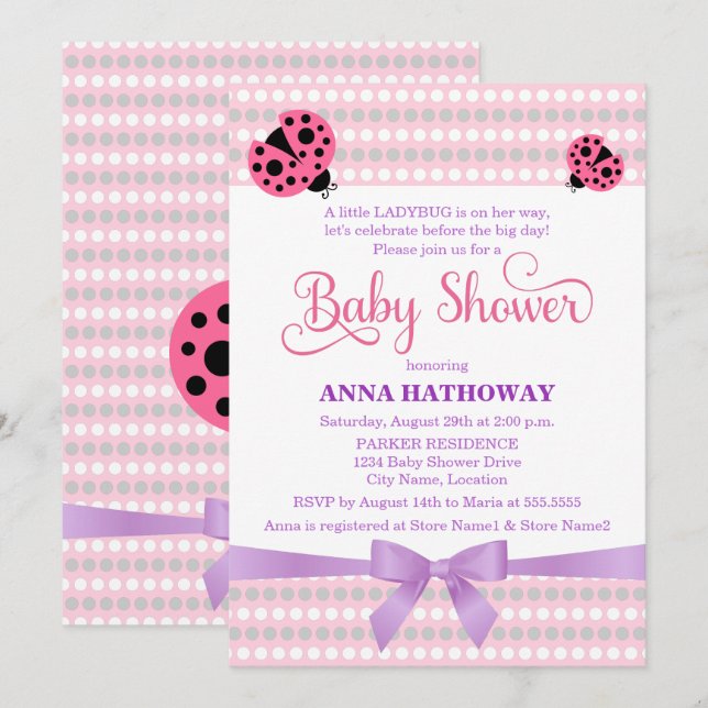Rosa Ladybug mit Lavendel und SilberBaby-Dusche Einladung (Vorne/Hinten)