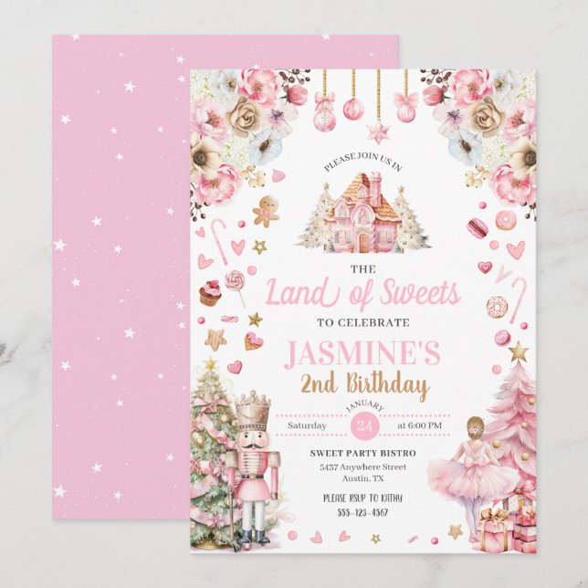 Rosa Land der Süßigkeiten Zucker Pflaume Fairy Nut Einladung (Vorne/Hinten)