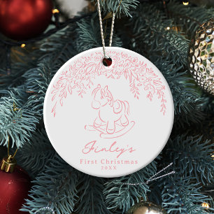 Rosa Launischer Schaukelpferd Baby's 1. Weihnachte Keramik Ornament