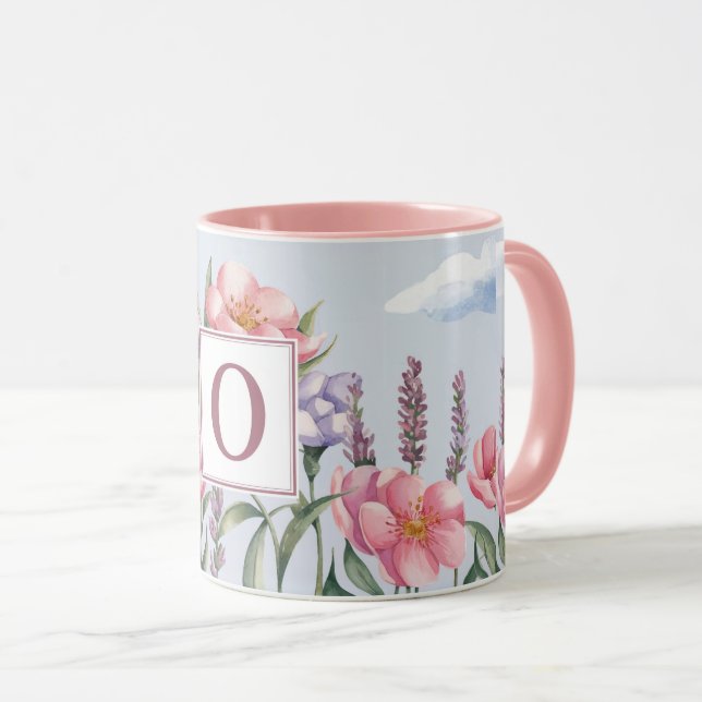 Rosa Lavendel-Blume Rosa O Monogramm Combo-Tasse Tasse (VorderseiteRechts)