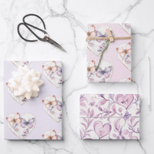 Rosa Lavendel Blumen Herz Schmetterlinge Geburtsta Geschenkpapier Set