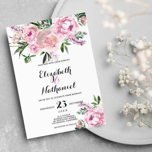 Rosa Lavendel Korallenblume Thema Hochzeit Einladung (Pink lavender coral green floral theme wedding)