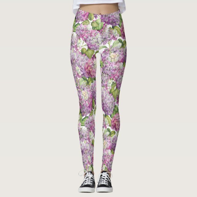 Rosa Lavendelhydrangea-Blumenmuster Leggings (Vorderseite)
