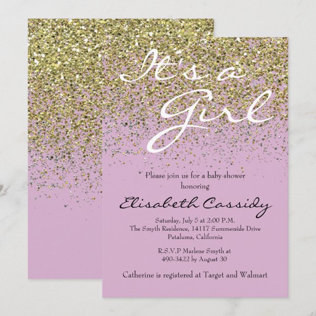 Rosa Lavender & Gold Glitzer Babydusche Einladung (Vorne/Hinten)