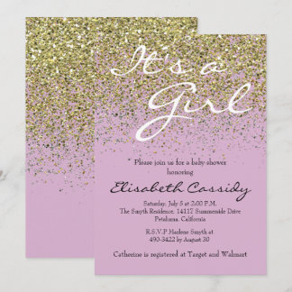 Rosa Lavender & Gold Glitzer Babydusche Einladung