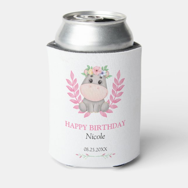 Rosa Leaf Niedlich Hippo Floral Happy Birthday Dosenkühler (Kanne Rückseite)