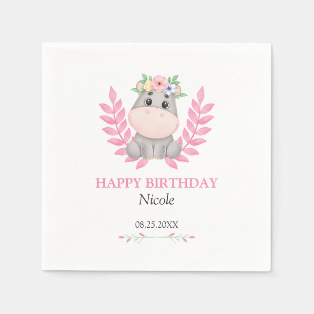 Rosa Leaf Niedlich Hippo Floral Happy Birthday Serviette (Vorderseite)