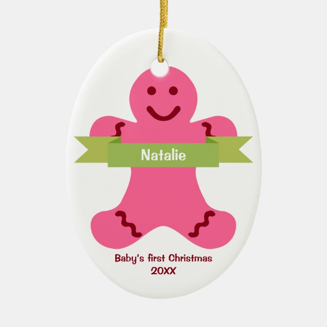 Rosa Lebkuchen Kind grüner Banner Name Baby zuerst Keramikornament (Vorne)