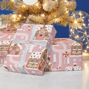 Rosa Lebkuchenhäuser Winterdorf Zuckerstange Geschenkpapier