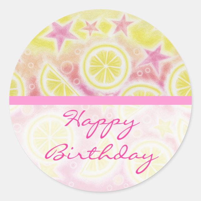 Rosa Lemonade "Birthday" Aufkleber rund Streifen (Vorderseite)