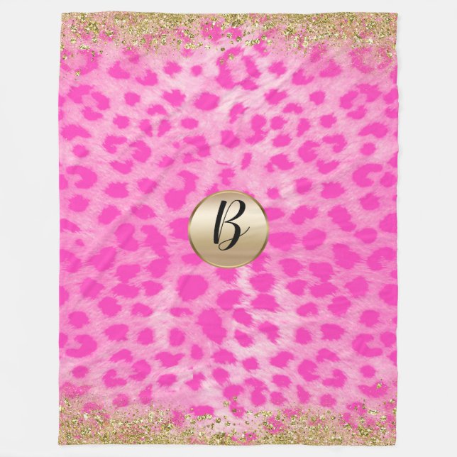 Rosa Leopard Cheetah Print Gold Glitzer Monogram Fleecedecke (Vorderseite)