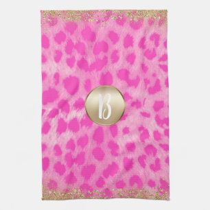 Rosa Leopard Cheetah Print Gold Glitzer Monogram Geschirrtuch