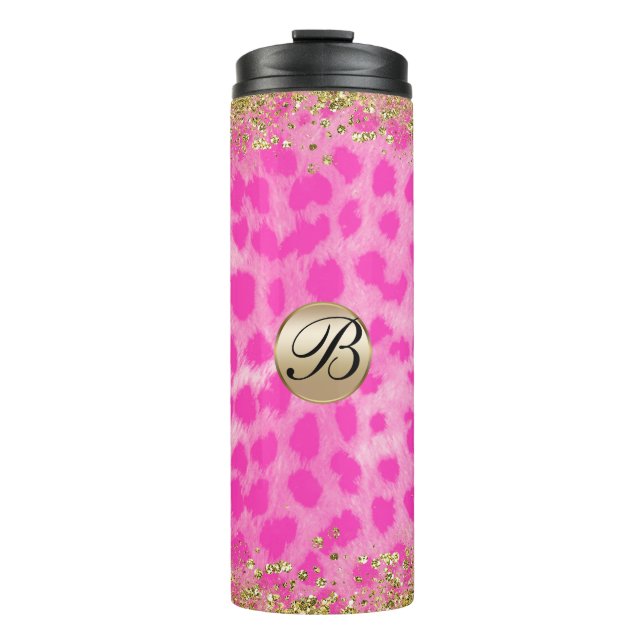 Rosa Leopard Cheetah Print Gold Glitzer Monogram Thermosbecher (Vorderseite)