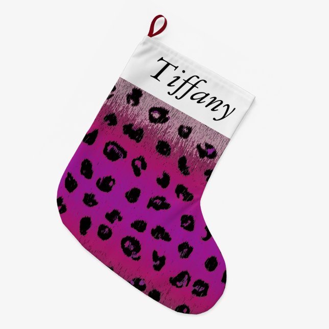 Rosa Leopard-Druck-personalisierter Großer Weihnachtsstrumpf (Vorderansicht (hängend))