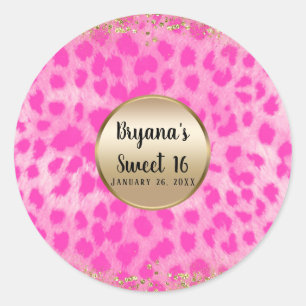 Rosa Leopard Gepard Druck Gold Glitter Monogramm Runder Aufkleber