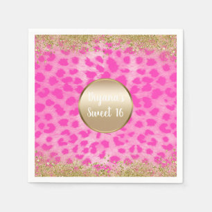 Rosa Leopard Gepard Druck Gold Glitter Monogramm Serviette