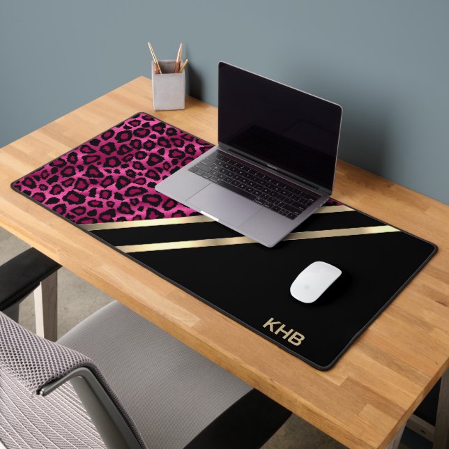 Rosa Leopard mit Gold und Schwarz - Monogramm Schreibtischunterlage (Büro 2)