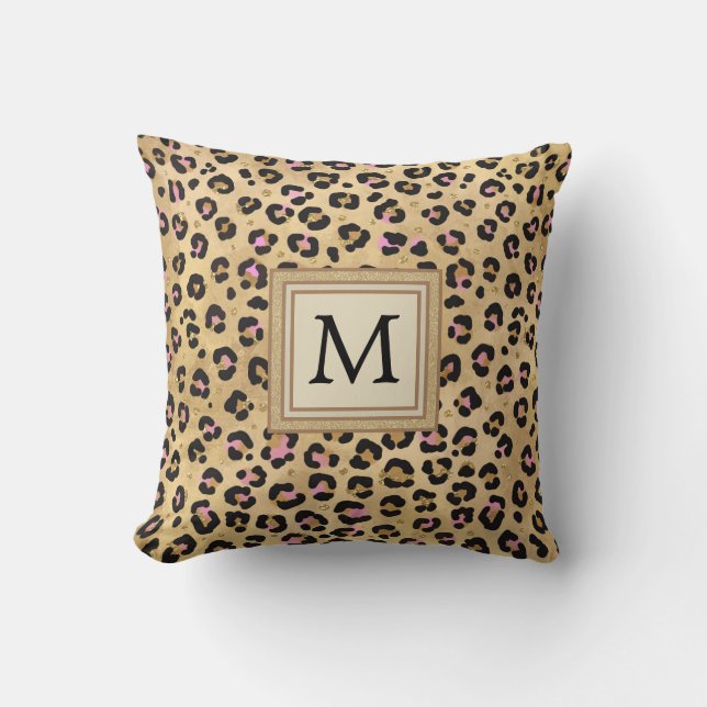 Rosa Leopard Print Wild Safari Animal Monogram Kissen (Vorderseite)