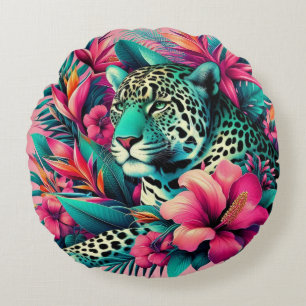Rosa Leopard Tropische Kunst Rundes Kissen
