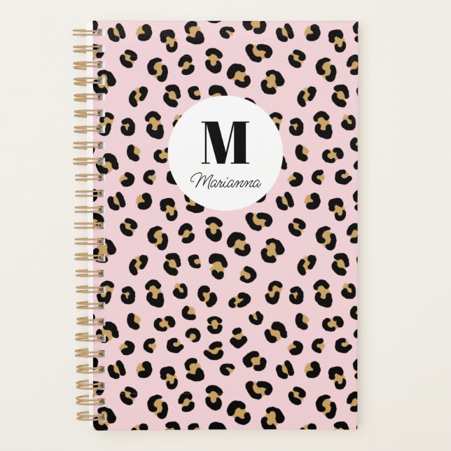 Rosa Leopardenprint-Monogramm-Name Planer (Vorderseite)