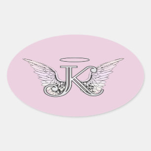 Rosa Letter K Angel Wings Monogram Ovaler Aufkleber