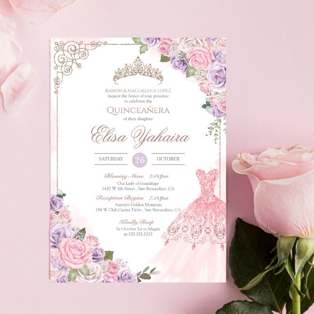 Rosa Levender Lila Elegantes Quinceanera Einladung (Von Creator hochgeladen)